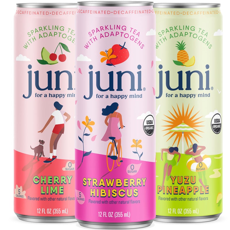 Juni Sparkling Adaptogen Drink with Ashwagandha, Lion’s Mane & Reishi Mushrooms | Green Tea for Focus, Zero Sugar, 5 Calories | Decaffeinated, Non Alcoholic Drinks - Variety Pack (12 Pack) - Image 1